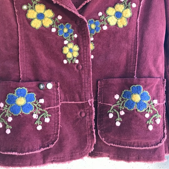 Joystick Jacket S-L Floral Embroidered Deconstructed Boho Burgandy - Picture 6 of 10